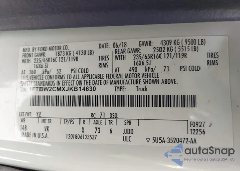 2018 Ford Transit-350 из США, поврежденный, VIN 1FTBW2CMXJKB14630